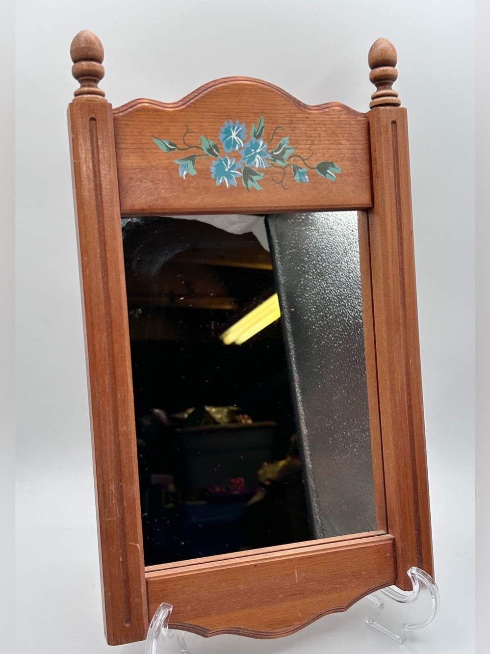 Vintage Wooden Framed Mirror Painted Flowers Wall Mount 15.5"